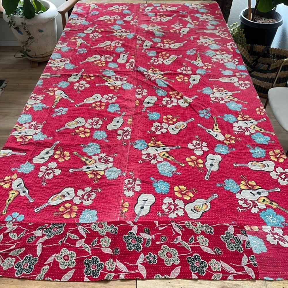 Vintage Indian Cotton Kantha Bedspread 54 x 79" Patchwork Quilt Guitar Floral